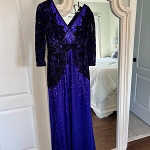 Tadashi Shoji Deep Purple Sequin Gown with Black Lace